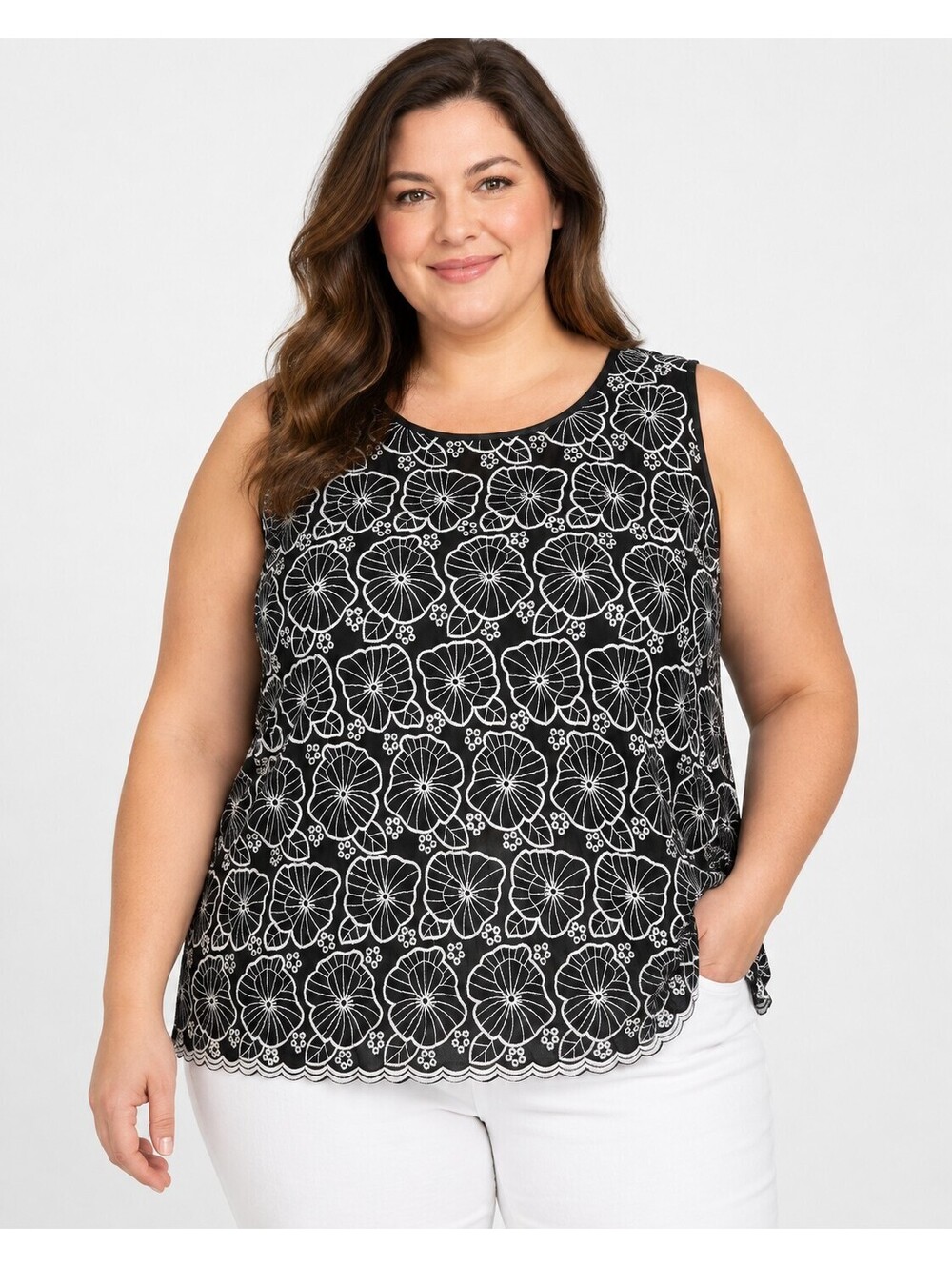 Charter Club Woman Black and White Floral Embroidered Sleeveless Top 24W